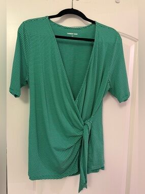 Lands End Elbow Sleeve Lightweight Jersey  Side Tie Green Stripe Blouse L Petite